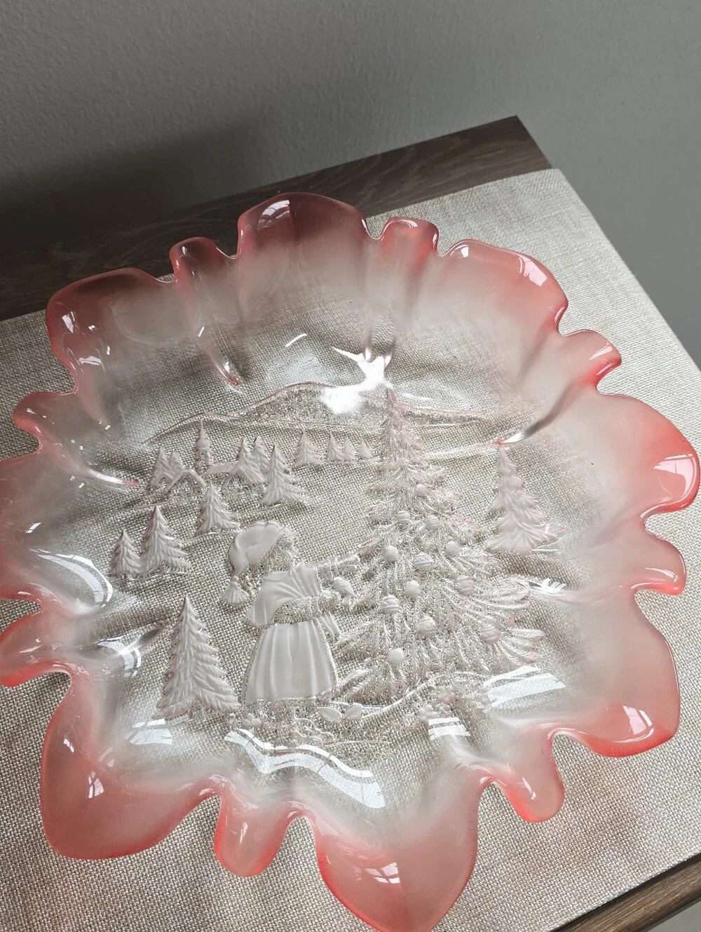 Vintage Frosted Pink Glass Christmas Bowl Girl Decorating Tree 12